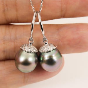 Peacock South Sea Tahitian Pearl Dangle Earrings, Large 12*14mm Genuine Seawater Cultured Pearls, 925 Sterling Silver #SE470