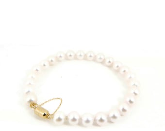 AAA White Japanese AKOYA Pearl Bracelet, 14K Solid Gold MAGNETIC Clasp #B531