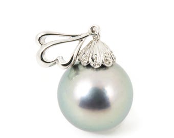 Massive Tahitian Pearl Pendant, 14K White Gold Diamond Bail, 14.8mm Elegant Seawater Pearl #P1682