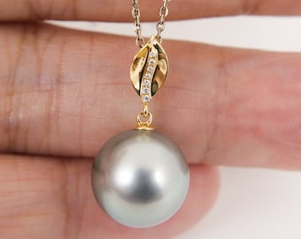 Tahitian Pearl Pendant Necklace, 18K Gold Leaf Diamond Accent, Lustrous 12.6mm Seawater Pearl #P6097