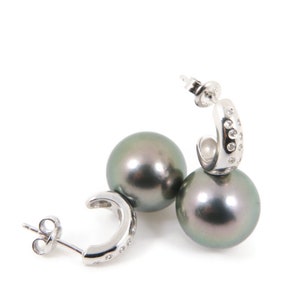 Massive 14.6mm Peacock Gray Genuine Tahitian Pearl Earrings, 925 Sterling Silver #SE440