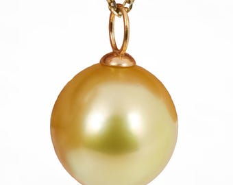 Glänzender Anhänger mit 12,5 x 13,2 mm großer, natürlicher, goldener Südseezuchtperle, 18 Karat massives Roségold #P6066