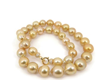 Collar de perlas genuinas de los Mares del Sur doradas de 46 cm / Perlas cultivadas de agua de mar de oro natural de 10 a 12 mm #SN305