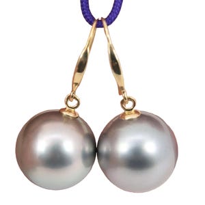 Echte Tahitiperlen Ohrringe, Große 12.3 mm silbergraue Meerwasserperlen, 14K Gelbgold #E2418