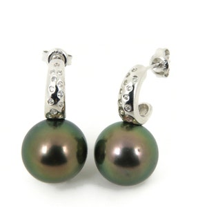Massive 14.2mm Peacock Green Genuine Tahitian Pearl Earrings, 925 Sterling Silver #SE437