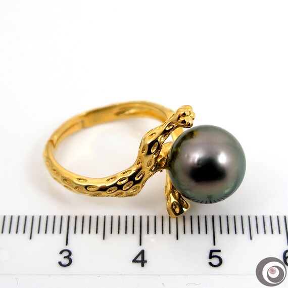 Coral Designed Ring, 10.6mm Genuine South Sea Tahitian Pearl , 18K 