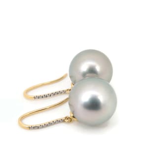18K Solid Yellow Gold Hook Dangle Earrings with Diamonds & Huge 13.0mm Genuine Tahitian Pearl #E2412