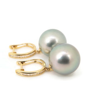 18K Gelbgold Creolen Ohrringe mit Diamanten & Riesige 13.5mm Echte Tahitiperle #E2414