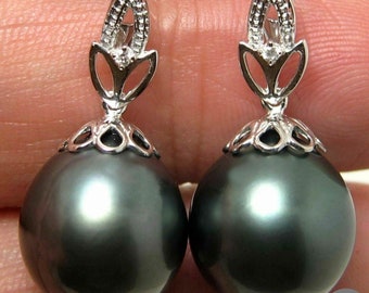 14K Solid White Gold Earrings, Genuine Diamonds & Huge Organic Natural color Tahitian South Sea Cultured Pearls #E1558