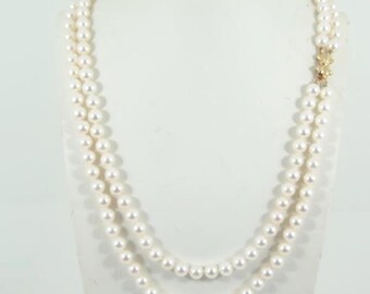 Collar de perlas Akoya japonesas blancas de 6,5 a 7 mm, de doble hebra, de 20 y 22 pulgadas, en oro macizo de 14 quilates (n.° AN104)