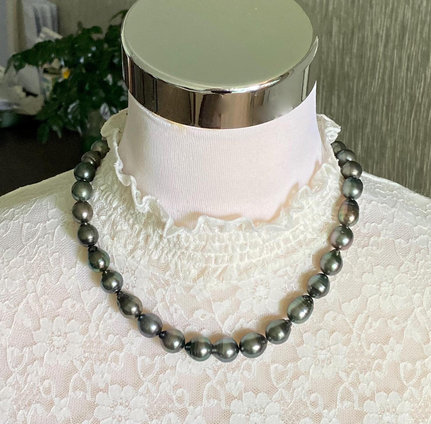 Collar de perlas de Tahití genuinas para hombre y mujer, 10-12,6 mm, perlas cultivadas de Tahití de los Mares del Sur, color gris pavo real, 48 cm (19 pulgadas) #TN657