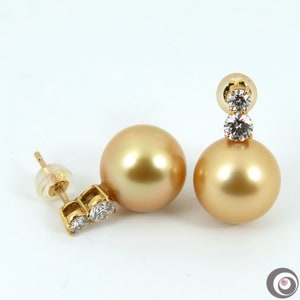 18K Solid Yellow Gold Earrings, 0.60ct VS Diamonds & Natural RICH GOLDEN Genuine Australian South Sea Cultured Pearls #E2169