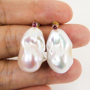 Giant White Freshwater Baroque Pearl Drops, Natural Tourmaline, 18K Solid Yellow Gold Stud Earrings, Gigantic 16.3*27.4mm Pearls #E2533