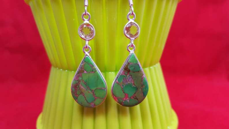 Sterling Silver Earrings.Green Silver Turquoise Earrings.Citrine Earring.Dangle Earrings.Wedding Earrings.Bridal Gifts.Handmade Earrings.E51