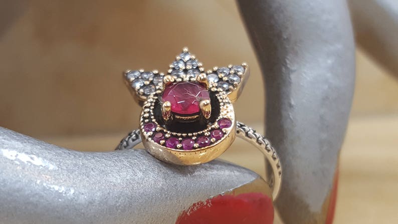 Sterling silver ring.red ruby ring.man made diamond ring.gold over silver ring.promise ring.engagement ring.handmade ring.E411