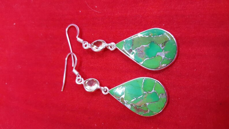 Sterling Silver Earrings.Green Silver Turquoise Earrings.Citrine Earring.Dangle Earrings.Wedding Earrings.Bridal Gifts.Handmade Earrings.E51