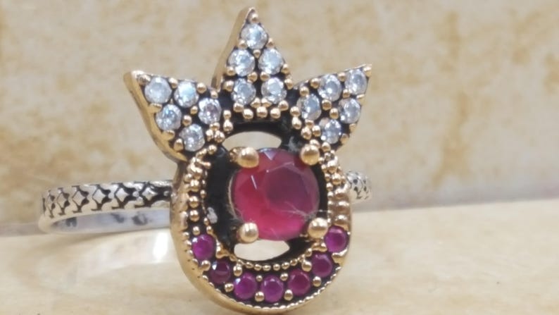 Sterling silver ring.red ruby ring.man made diamond ring.gold over silver ring.promise ring.engagement ring.handmade ring.E411
