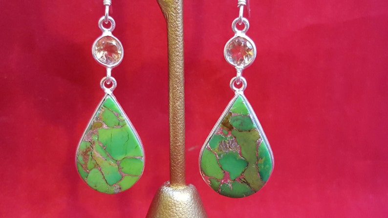 Sterling Silver Earrings.Green Silver Turquoise Earrings.Citrine Earring.Dangle Earrings.Wedding Earrings.Bridal Gifts.Handmade Earrings.E51