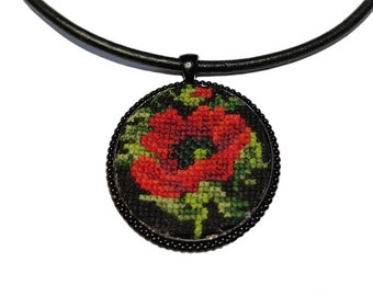 Choker with embroidered pendant  poppy flower pattern medallion crosstich
