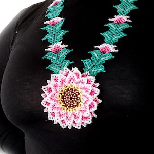 Beaded Necklace with blue Flower out of Czech Beads Huicholart