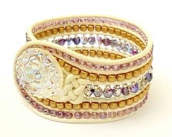 White leather cuff bracelet with crystals, Vintage Bracelet, Boho bracelet