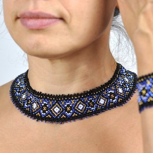 An Ukrainian  jewellery set: collar collier and cuff bracelet. Beaded jewelry Ethno slavic Necklace