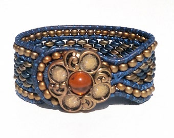 Leather and beads bracelet blue  Cuff Wrap Vintage Boho Jewelry