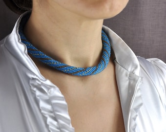 Crochet Necklace Beaded Collier Stunning blue color