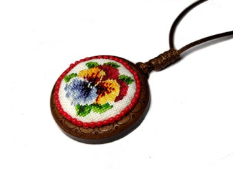 Embroidered pendant  pansy flower pattern pansy medallion ethno