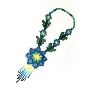 Beaded Necklace with blue Flower out of Czech Beads Huicholart