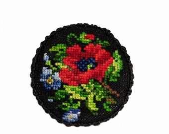 Brooch cross-stitch embroidered with poppies and cornflowers