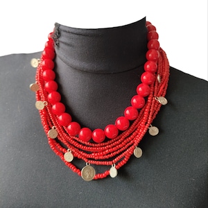 Slavic Necklace Red Beads multistrand with coins Ethno Jewelry Ukraine Polen