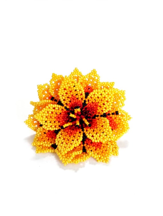 Yellow Flower Hair Clip Made of Glass Beads Huichol Style 