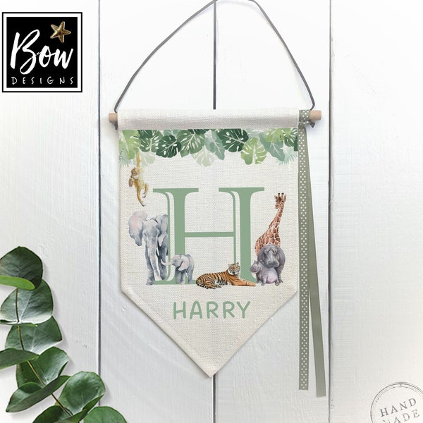 Personalised Safari animals pennant flag, jungle animals bedroom sign, children's bedroom door sign, giraffe, elephant, initial name flag