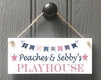 PERSONALISED children's playhouse sign, kids birthday gift, playroom signs for kids,  navy, grey pink, den, playroom