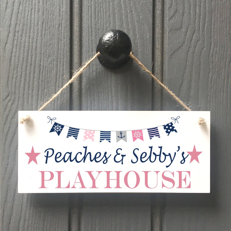 PERSONALISED children's playhouse sign, kids birthday gift, playroom signs for kids, navy, grey pink, den, playroom image 1