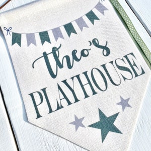 Personalised kids playhouse flag, kids roleplay, Wendy house, den sign, Custom kids play house sign, pennant linen flag, green grey stars.