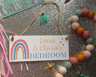 PERSONALISED rainbow bedroom door sign, bedroom door signs, girls bedroom signs, playroom signs rainbow, dreams, stars, mustard, pink, grey