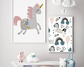 FLORAL UNICORN girls bedroom design print modern kids art Scandinavian style  bedroom print A4 kids prints, kids poster