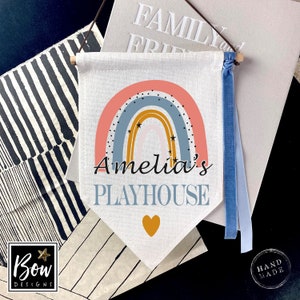 PERSONALISED playhouse pennant flag, rainbow playhouse flag, personalised playhouse sign, playroom flag, pastel rainbow