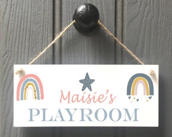 Personalised rainbow playroom door sign, playroom plaque, kids' room decor.