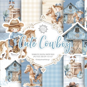 Confezione di carta digitale con motivo acquerello a tema cowboy, motivo Baby Cowboy, motivo Wild West, carta Baby Western, motivo cowboy, cactus, senza soluzione di continuità