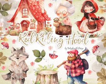 Watercolor Little Red Riding Hood watercolor clipart, Woodland animals watercolor, animals graphics, Red Riding Hood clipart