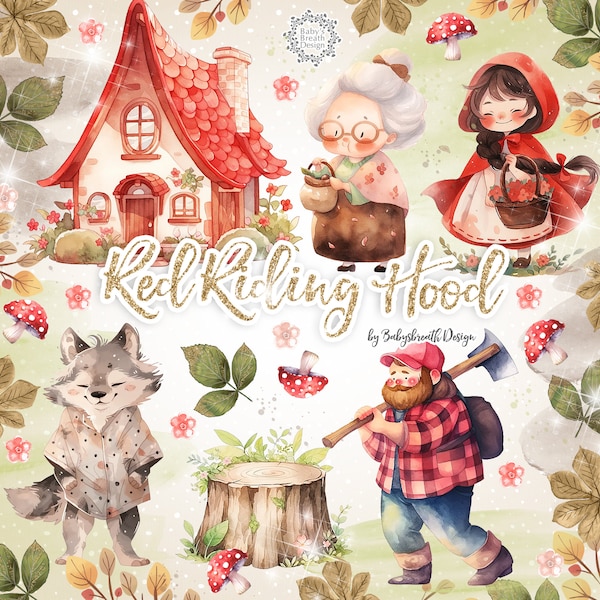 Watercolor Little Red Riding Hood watercolor clipart, Woodland animals watercolor, animals graphics, Red Riding Hood clipart