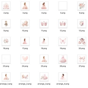 Op de afbeelding: Een set van 29 digitale illustraties in roze en wit. De illustraties omvatten een kasteel, een koets, een kroon, een eenhoorn, een vlinder, een paar schoenen, een hart, een strik en een prinses.