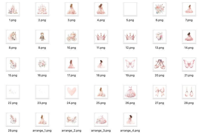 Op de afbeelding: Een set van 29 digitale illustraties in roze en wit. De illustraties omvatten een kasteel, een koets, een kroon, een eenhoorn, een vlinder, een paar schoenen, een hart, een strik en een prinses.