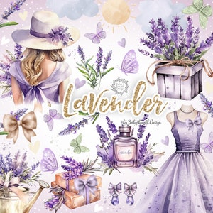 Watercolor Lavender design, lavender clipart, flower digital, lavender woman, floral, purple dress woman, lavender bouquet