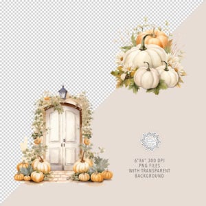 May include: Watercolor illustration featuring a white arched door with a lantern, surrounded by pumpkins and foliage. A separate arrangement of white and orange pumpkins with flowers is also shown. The image has a transparent background.