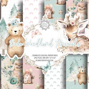 Boho Woodland digital paper pack, Cute Woodland Animals pattern, Baby Animals, Woodland Baby Shower, Woodland Nursery, Boho Forest Animals
