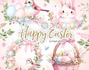 May include: A watercolor illustration with a pink and gold theme, featuring a bunny, birds, Easter eggs, floral wreaths, and a basket. The text "Happy Easter" is displayed in gold glitter lettering. The design has a soft, pastel color palette.